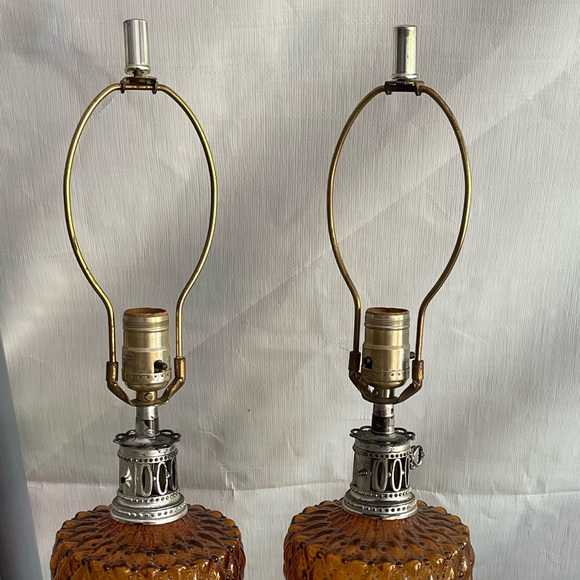Vintage Amber Glass Table Lamps Pair Vintage Lights Lighting - Picture 4 of 4